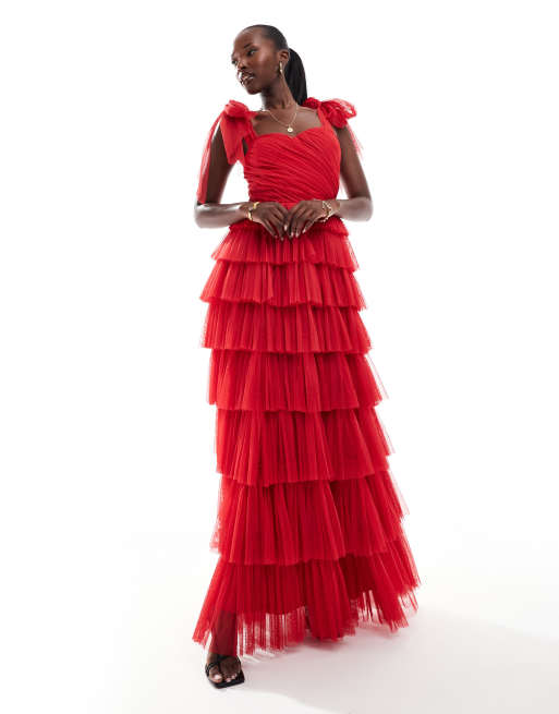 Lace & Beads - Robe longue à volants en tulle avec épaules nouées - Rouge