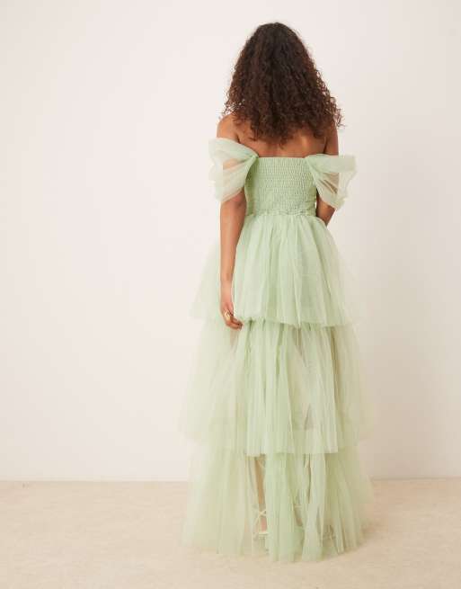 Lace & Beads - Robe longue asymétrique à épaules dénudées en tulle - Sauge, 4 de 4