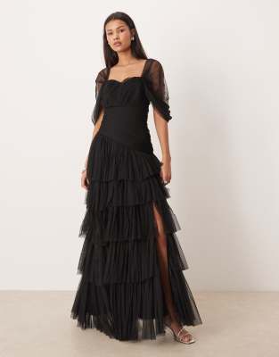 Lace & Beads - Robe longue asymétrique en tulle à volants - Noir