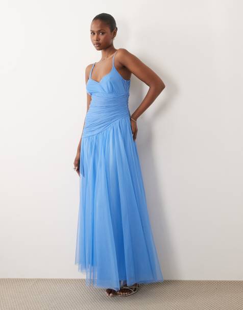Lace & Beads - Robe longue avec corsage asymétrique froncé et bretelles fines - Bleu - view 1