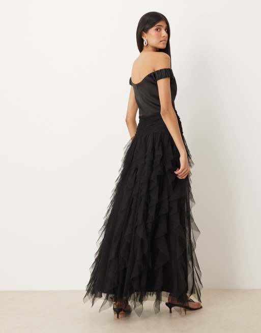 Lace & Beads - Robe longue avec ourlet tombant à volants et encolure Bardot - Noir, 3 de 4