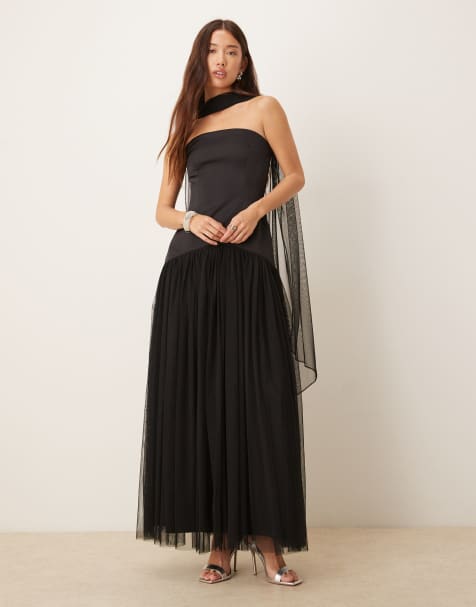 Lace & Beads - Robe longue bandeau en tulle à taille basse avec foulard - Noir - view 1