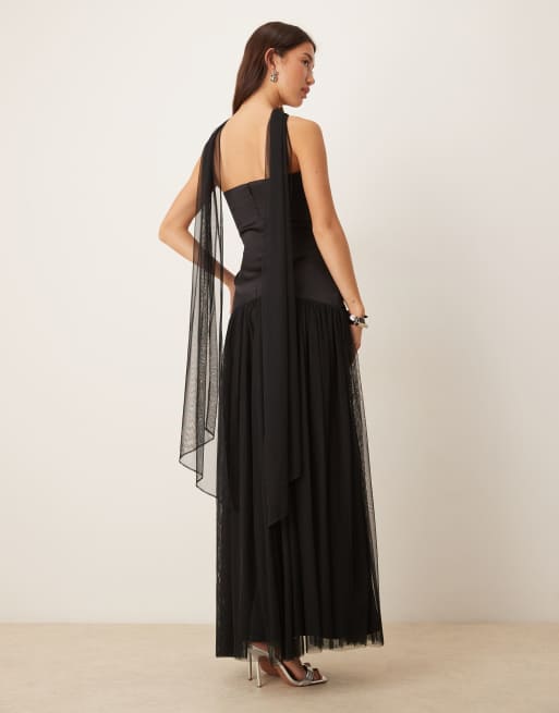  Lace & Beads - Robe longue bandeau en tulle à taille basse avec foulard - Noir, 3 de 4