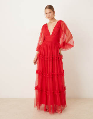 Lace & Beads - Robe longue bohème à volants - Rouge - view 1