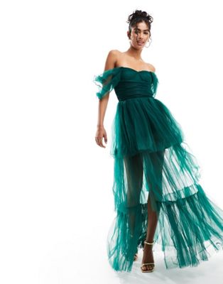 Lace & Beads off shoulder tulle high low maxi dress in forest green - ASOS Price Checker