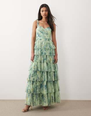 Lace & Beads - Robe longue de demoiselle d'honneur en tulle à imprimé et nauds aux épaules - Vert sauge