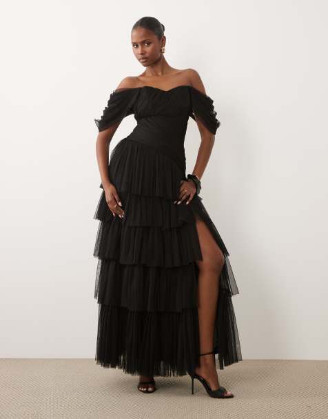 Lace & Beads - Robe longue de demoiselle d'honneur en tulle avec taille froncée et manches évasées - Noir - view 1