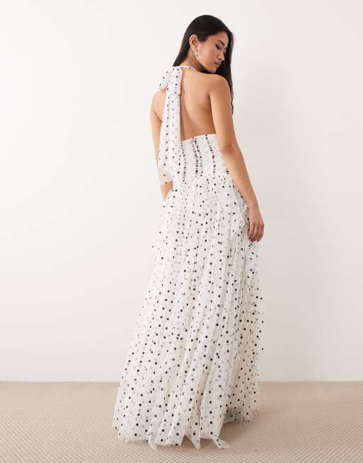 Lace & Beads - Robe longue dos nu en tulle à pois et volants - Blanc et marron, 3 de 4