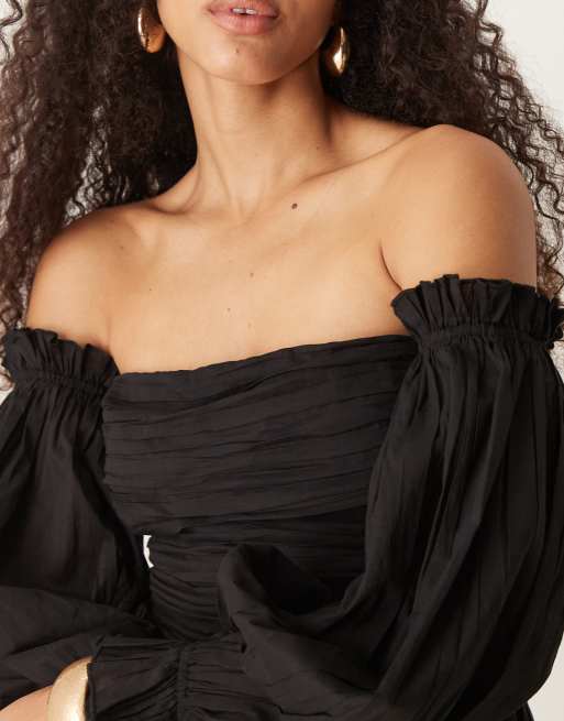 Lace & Beads - Robe longue en coton avec manches bouffantes et encolure bardot - Noir, 2 de 4