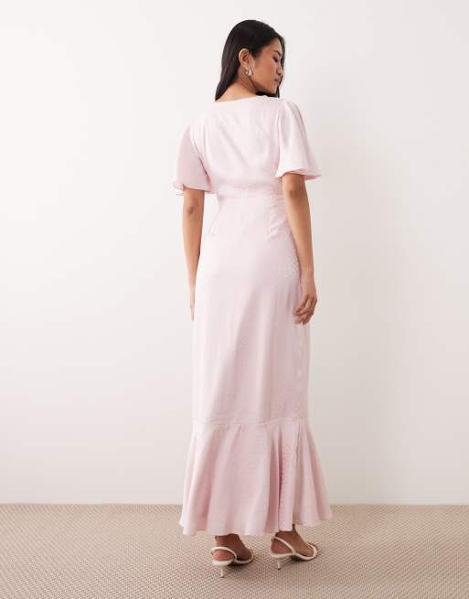 Lace & Beads - Robe longue en jacquard satiné avec col V et ourlet à volants - Rose clair, 3 de 4