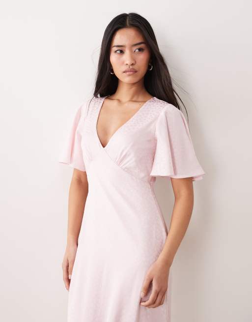 Lace & Beads - Robe longue en jacquard satiné avec col V et ourlet à volants - Rose clair, 4 de 4