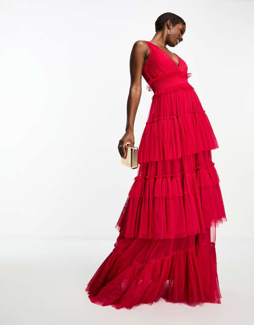 Lace & Beads - Robe longue en tulle à décolleté plongeant et volants étagés - Framboise