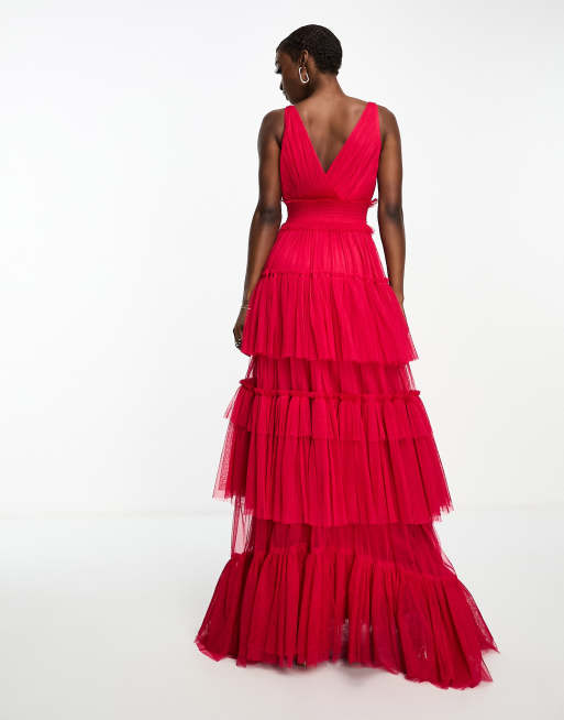Lace Beads Robe longue en tulle d collet plongeant et volants tag s Framboise