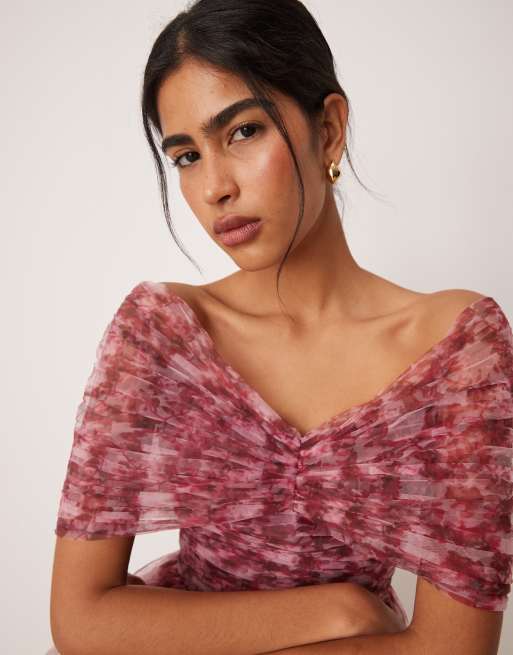Lace & Beads - Robe longue en tulle à épaules dénudées avec nœud - Blush fleuri, 2 de 4