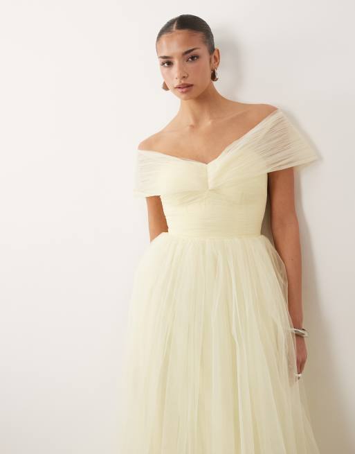 Lace & Beads - Robe longue en tulle à épaules dénudées - Citron clair, 4 de 4