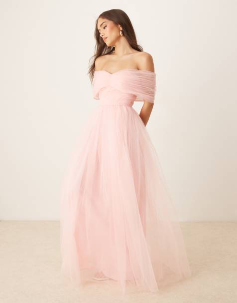 Lace & Beads - Robe longue en tulle à épaules dénudées nouées - Rose clair - view 1