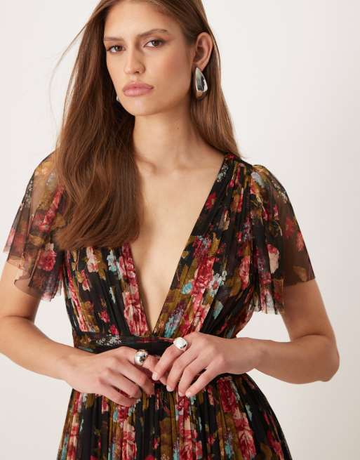 Lace & Beads - Robe longue en tulle à fleurs avec manches évasées et décolleté plongeant en V - Noir, 2 de 4