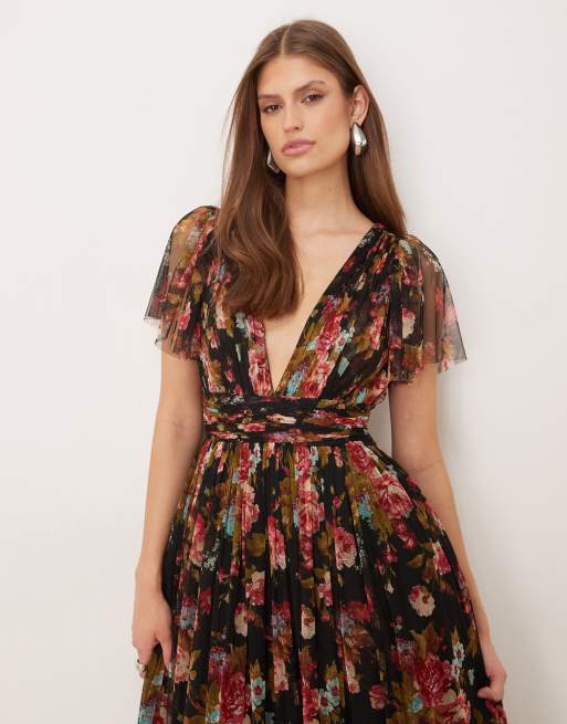 Lace & Beads - Robe longue en tulle à fleurs avec manches évasées et décolleté plongeant en V - Noir, 4 de 4
