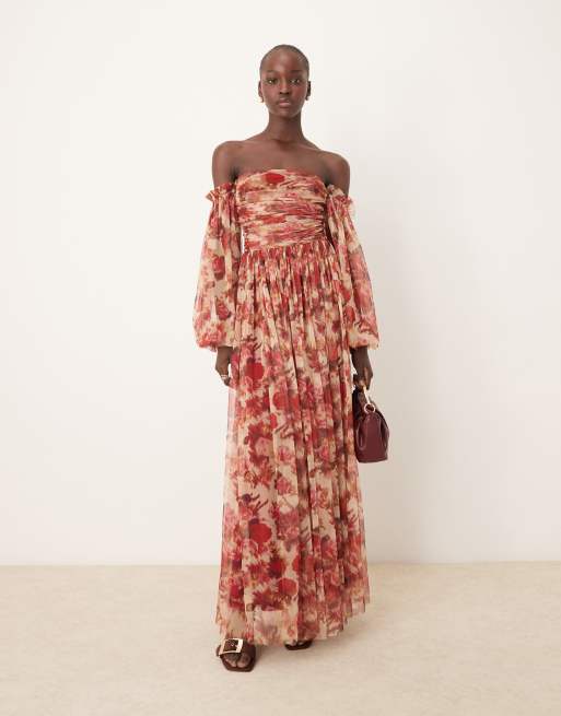 Lace & Beads - Robe longue en tulle à manches transparentes avec volants et imprimé roses