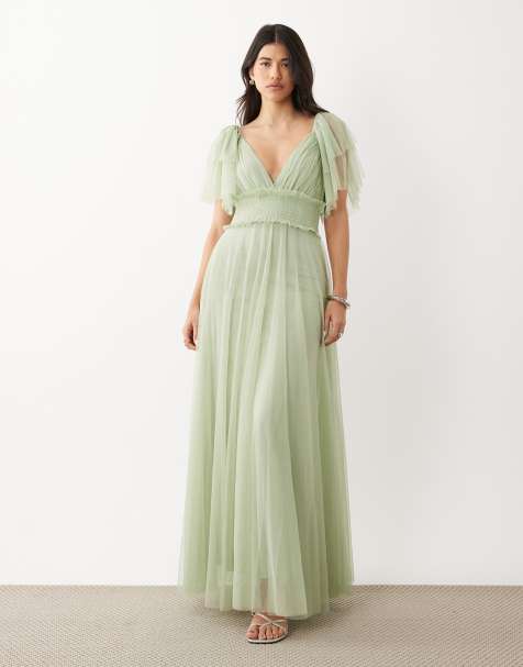Lace & Beads robe longue en tulle à manches volantées et taille froncée pour l'invitée, vert sauge - view 1