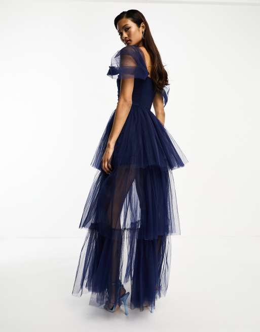 Lace & Beads - Robe longue en tulle à ourlet asymétrique - Bleu de cobalt galactique, 2 de 4