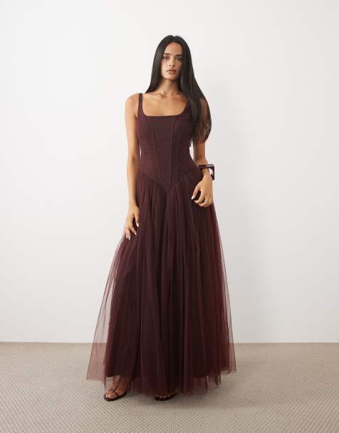 Lace & Beads robe longue en tulle à ourlet asymétrique et corset couleur chocolat - view 1