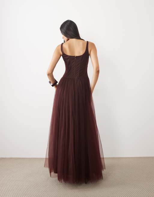 Lace & Beads robe longue en tulle à ourlet asymétrique et corset couleur chocolat, 4 de 4