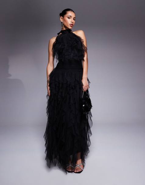 Lace & Beads - Robe longue en tulle à volants avec dos découvert - Noir - view 1