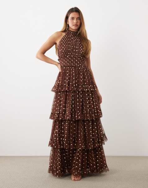 Lace & Beads robe longue en tulle à volants, col montant, chocolat et pois crème - view 1