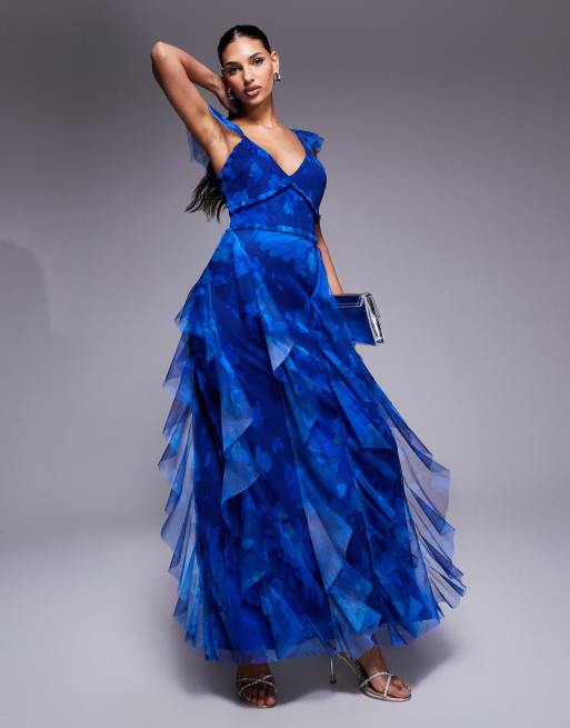 Lace & Beads - Robe longue en tulle à volants et motif fleuri - Bleu de cobalt