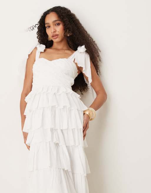 Lace & Beads - Robe longue en tulle à volants étagés et bretelles nouées - Blanc, 3 de 4