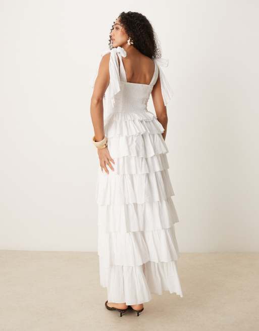Lace & Beads - Robe longue en tulle à volants étagés et bretelles nouées - Blanc, 4 de 4