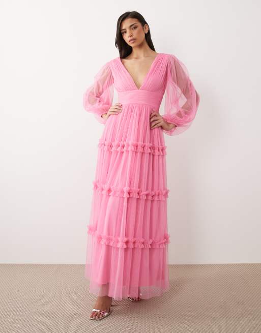 Lace & Beads - Robe longue en tulle à volants étagés et décolleté plongeant - Rose