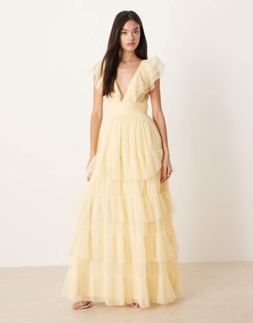 Lace & Beads - Robe longue en tulle à volants étagés et manches évasées - Jaune citron