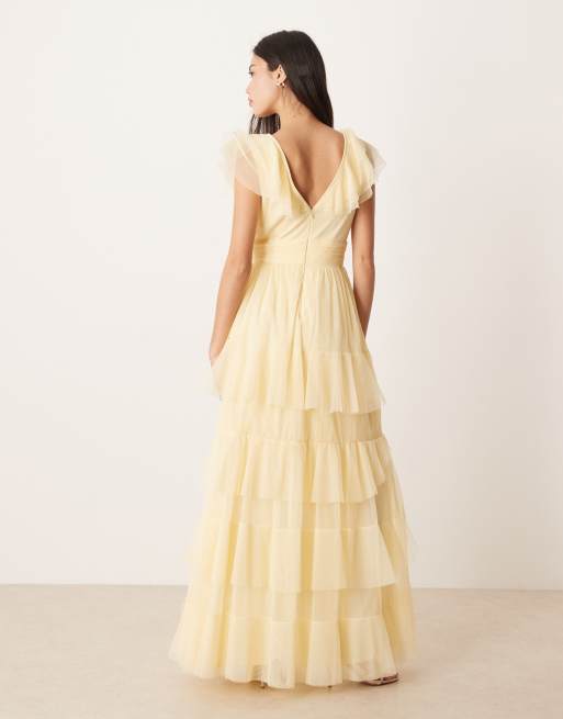 Lace & Beads - Robe longue en tulle à volants étagés et manches évasées - Jaune citron, 3 de 4