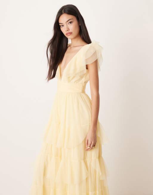Lace & Beads - Robe longue en tulle à volants étagés et manches évasées - Jaune citron, 4 de 4