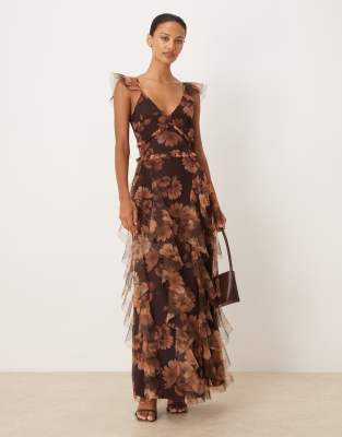 Lace & Beads - Robe longue en tulle à volants - Marron imprimé-Brown