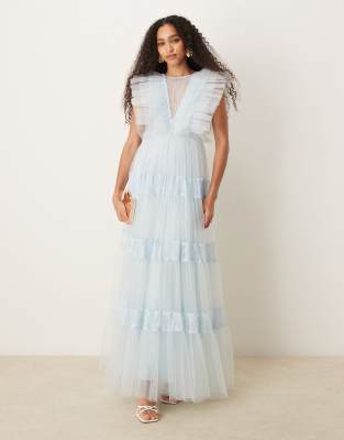 Lace & Beads - Robe longue en tulle avec empiècement en tulle - Bleu