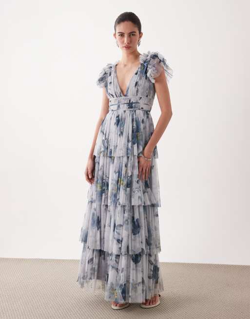 Lace & Beads - Robe longue en tulle imprimé fleuri à volants étagés et épaules volantées - Gris