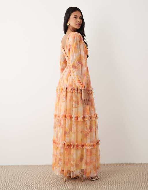 Lace & Beads - Robe longue en tulle imprimé fleuri avec col V et manches ballon longues - Jaune , 3 de 4