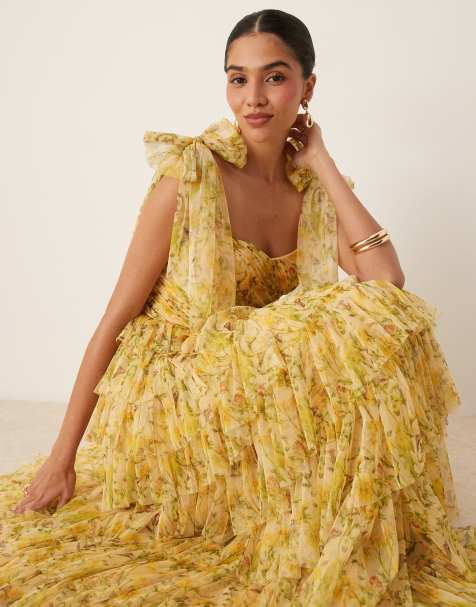 Lace & Beads - Robe longue en tulle volanté à motif fleuri et bretelles nouées - Jaune - view 1