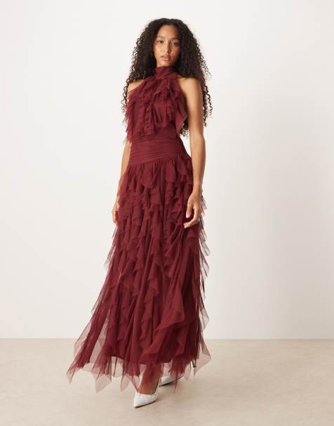 Lace & Beads - Robe longue et volantée avec dos nu - Bordeaux - view 1