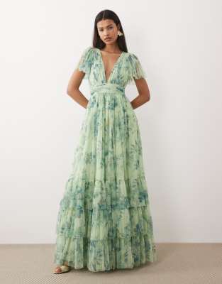 Lace & Beads - Robe longue imprimée à manches évasées - Vert sauge