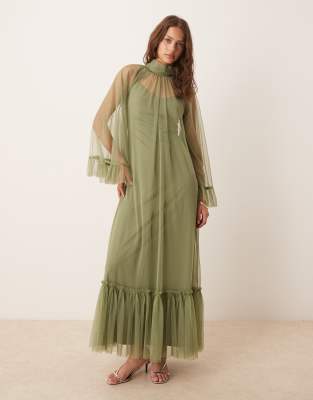 Lace & Beads - Robe longue style bohème à manches longues - Olive doux-Vert