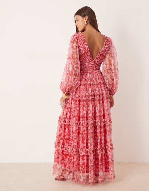 Lace & Beads - Robe longue style bohème à volants et motif fleuri - Fuchsia, 3 de 4