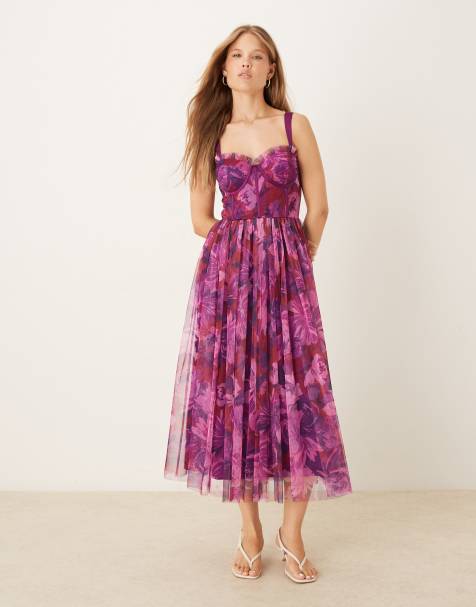 Lace & Beads - Robe longue style corset en tulle à imprimé fleurs flou - Rose vif - view 1