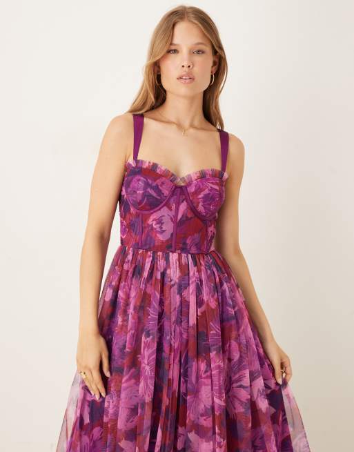 Lace & Beads - Robe longue style corset en tulle à imprimé fleurs flou - Rose vif, 3 de 4