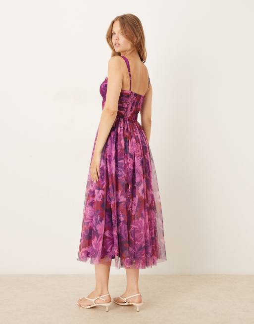 Lace & Beads - Robe longue style corset en tulle à imprimé fleurs flou - Rose vif, 4 de 4