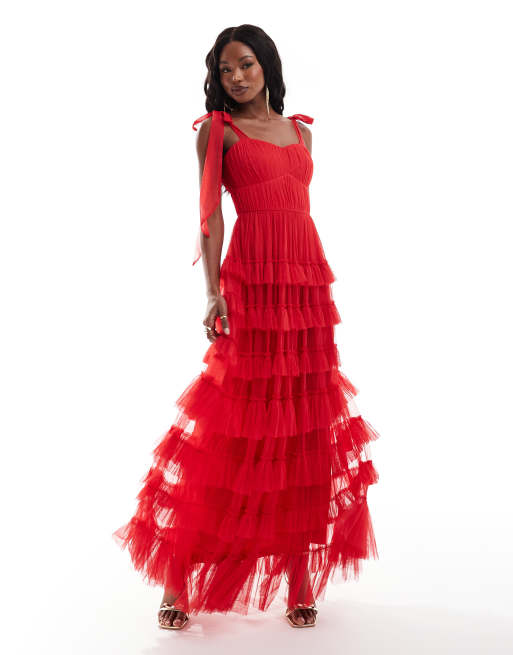 Lace Beads Robe longue taille empire a volants Rouge ASOS