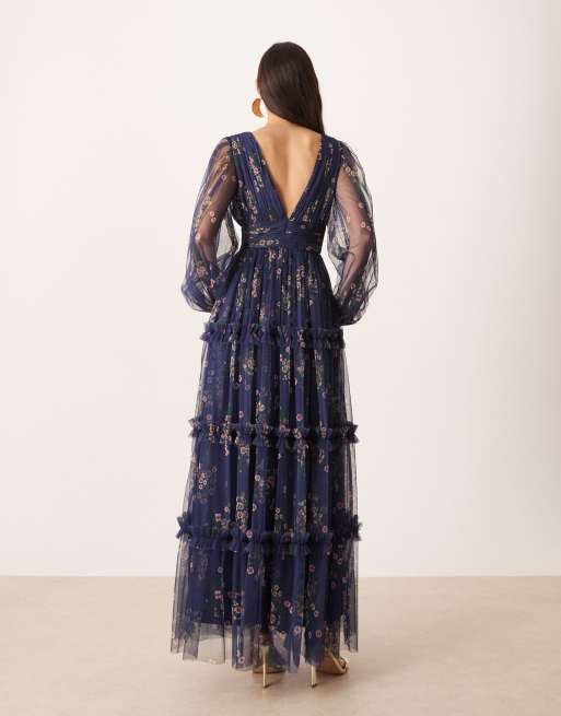Lace & Beads - Robe longue transparente à fleurs avec décolleté en V plongeant et manches cloches - Bleu marine, 2 de 4